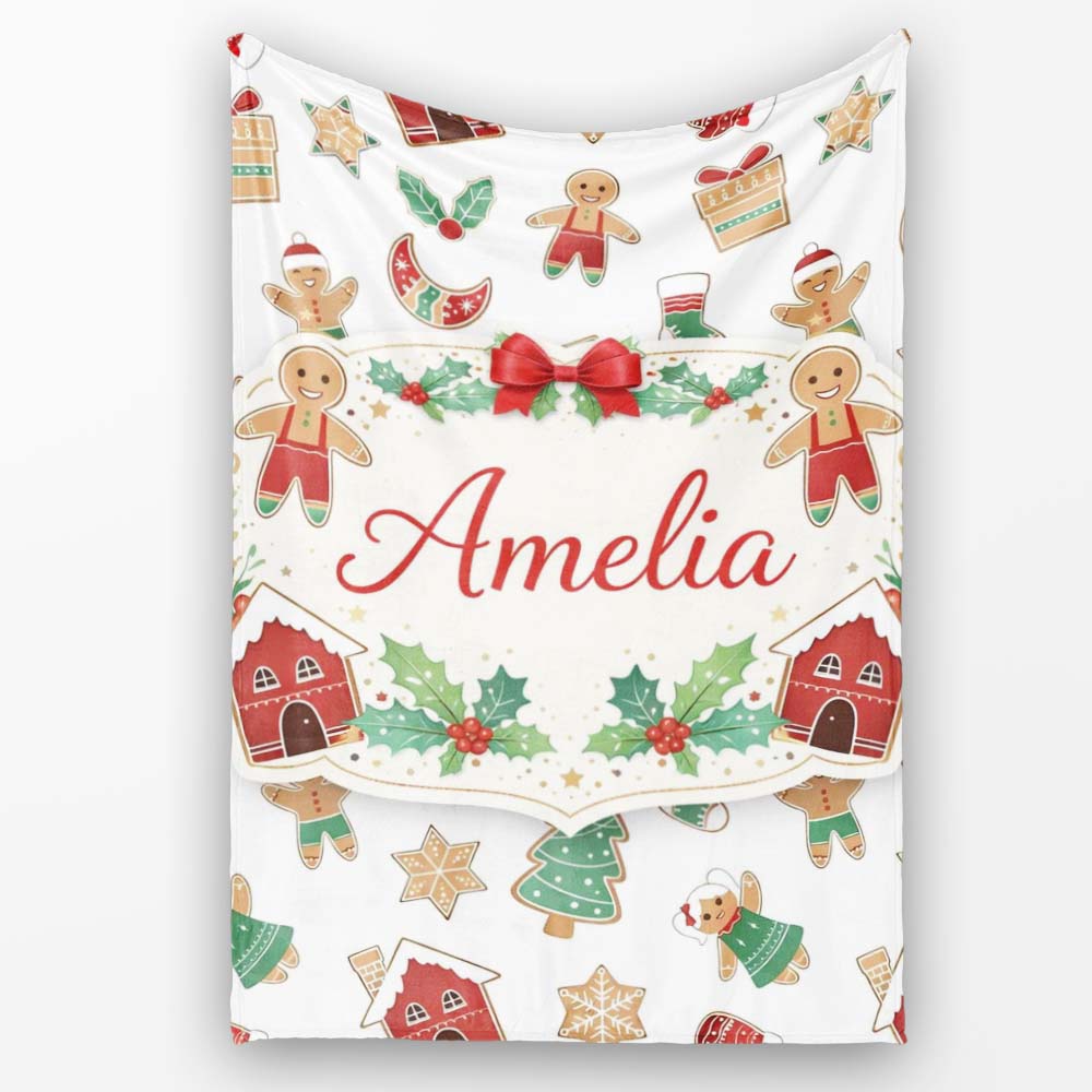 Gingerbread Christmas Cookie Pattern Cute Holiday Seamless Design Personalised Custom Name Super Soft Fleece Blanket Bed Sofa Throw