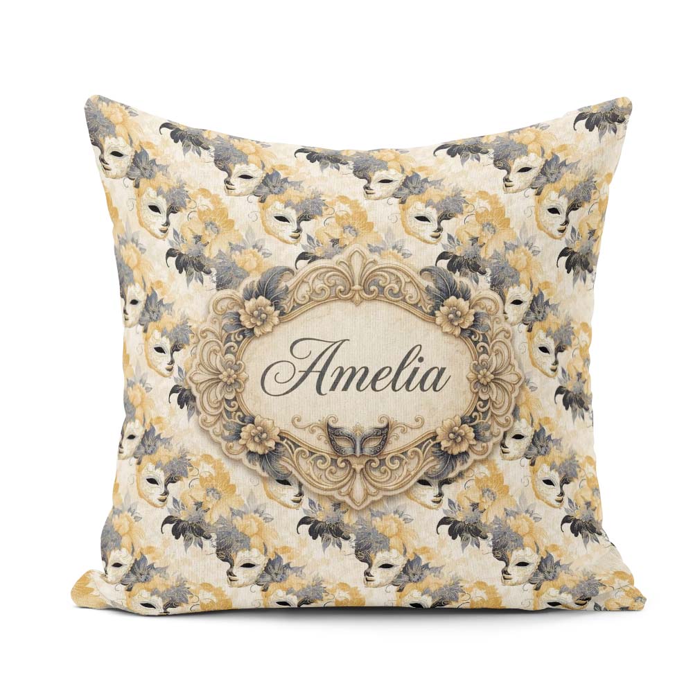 Custom Name Deep Blue Masquerade Pattern with Red and Gold Masks Square Filled Cushion Throw Pillow Sofa Bed Home Decor Zip Washable UK Made