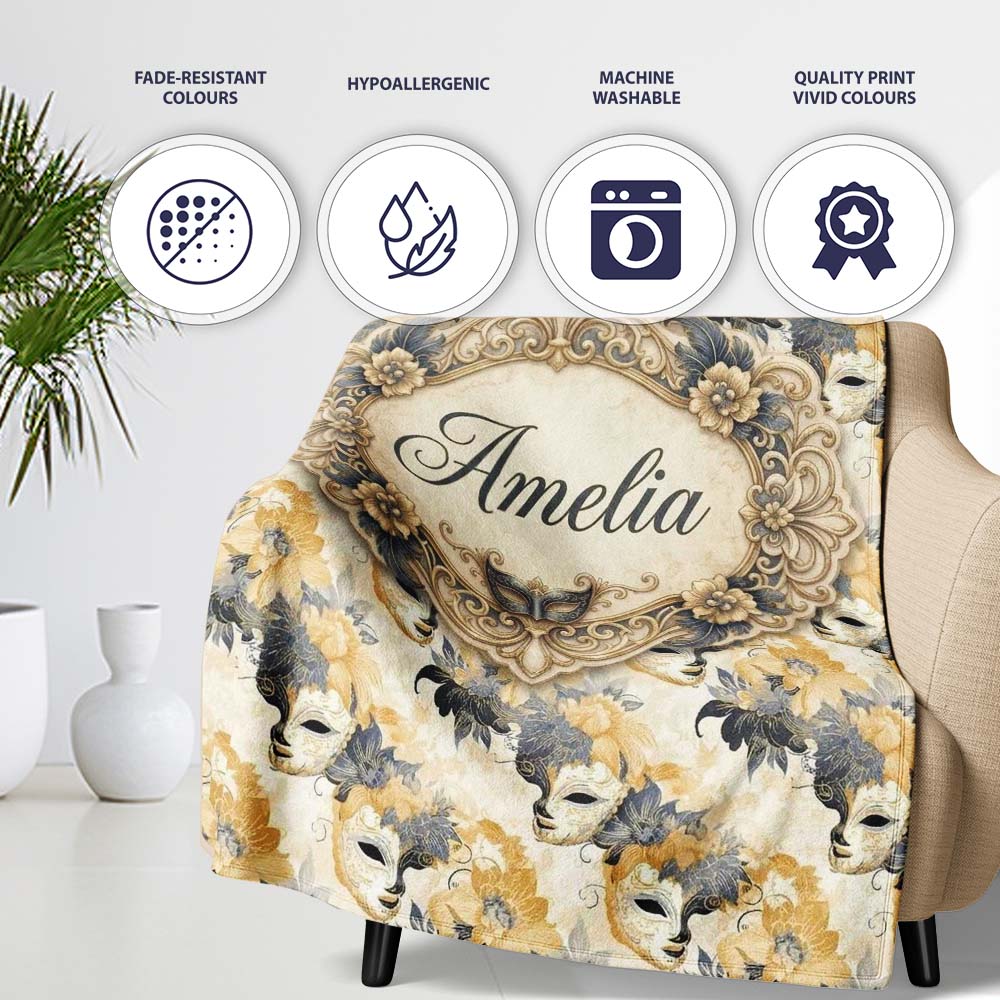 Deep Blue Masquerade Pattern with Red and Gold Decorative Masks Personalised Custom Name Super Soft Fleece Blanket Bed Sofa Throw