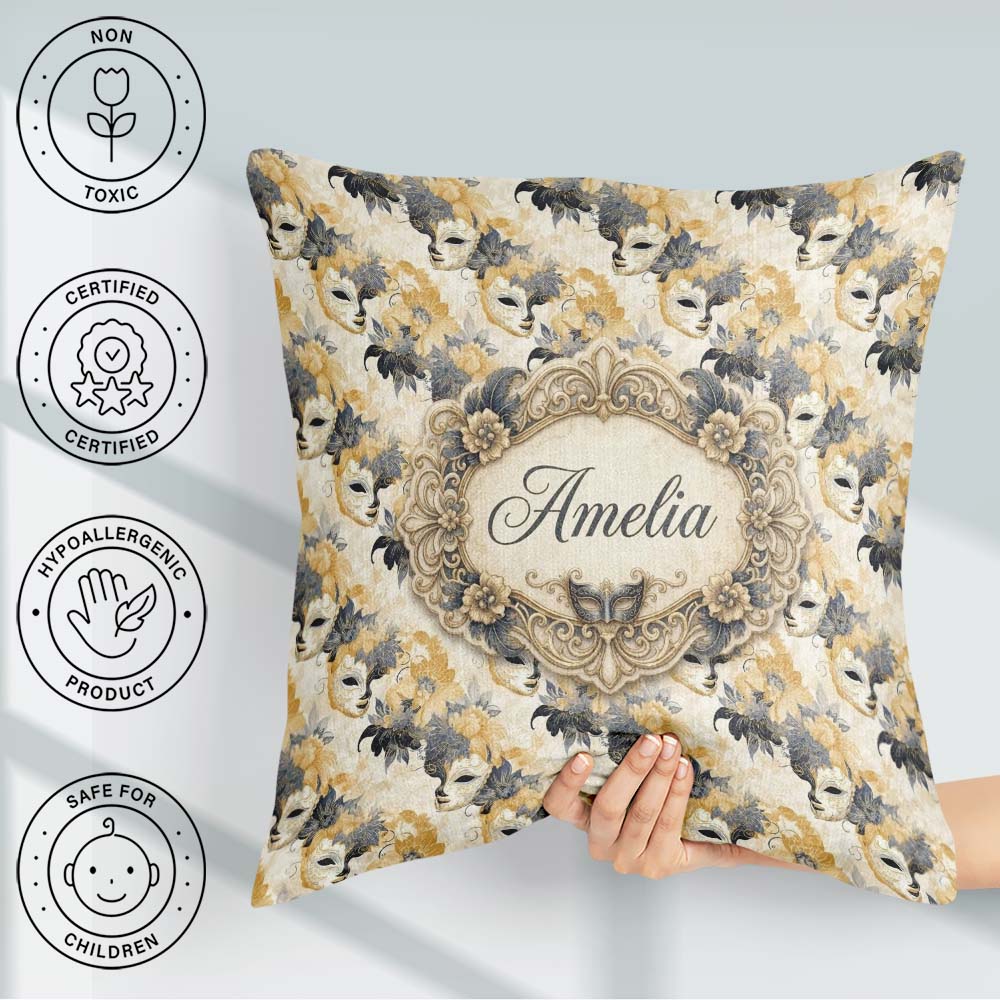 Custom Name Deep Blue Masquerade Pattern with Red and Gold Masks Square Filled Cushion Throw Pillow Sofa Bed Home Decor Zip Washable UK Made
