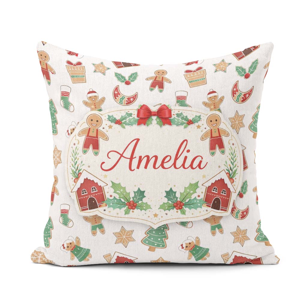 Custom Name Gingerbread Christmas Cookie Pattern Seamless Design Square Filled Cushion Throw Pillow Sofa Bed Home Decor Zip Washable UK Made