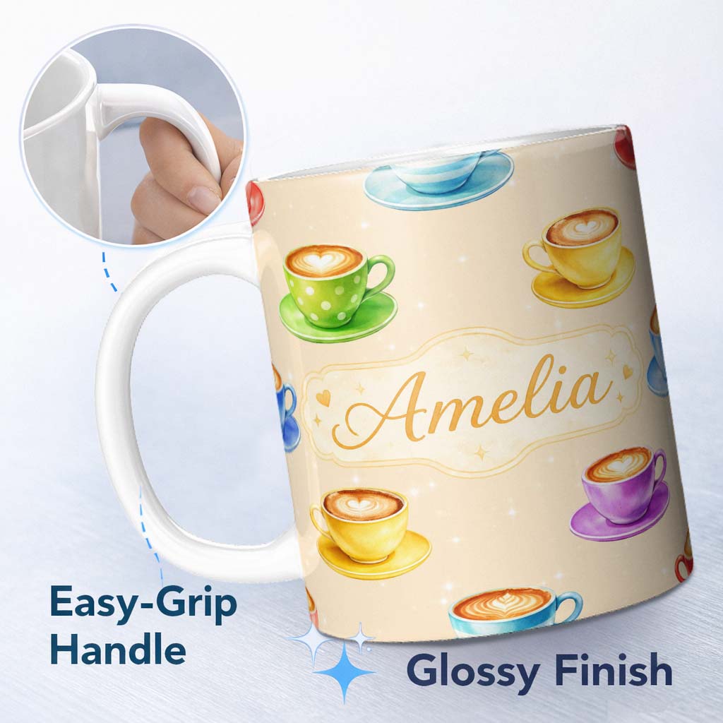 Personalized Custom Name Colorful Coffee Latte Cappuccino Cup Seamless Pattern Lovely 11oz Ceramic Coffee Tea Mug White Large Handle
