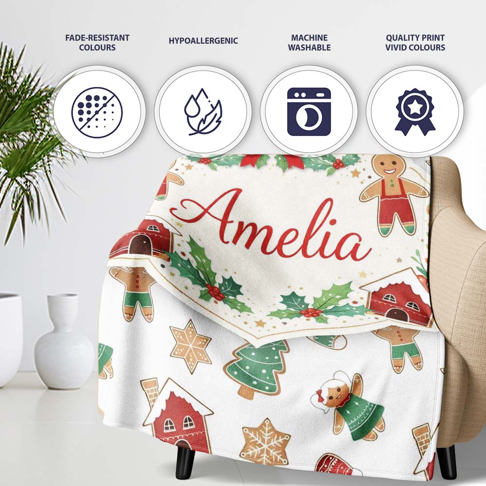 Gingerbread Christmas Cookie Pattern Cute Holiday Seamless Design Personalised Custom Name Super Soft Fleece Blanket Bed Sofa Throw