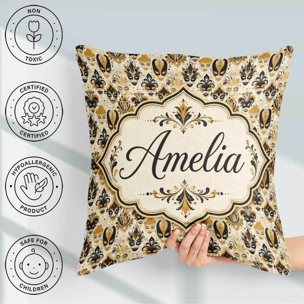 Custom Name Classic Black and Gold Mask Pattern Swirling Details Square Filled Cushion Throw Pillow Sofa Bed Home Decor Zip Washable UK Made