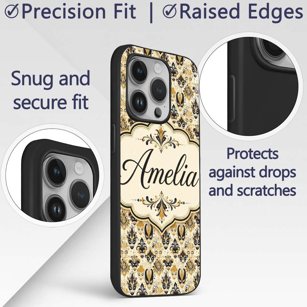 Classic Black and Gold Mask Pattern with Swirling Custom Name Protective Phone Case Mobile Cover Durable Everyday Smartphone Shock Resistant