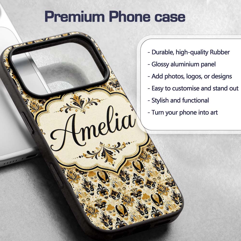 Classic Black and Gold Mask Pattern with Swirling Custom Name Protective Phone Case Mobile Cover Durable Everyday Smartphone Shock Resistant