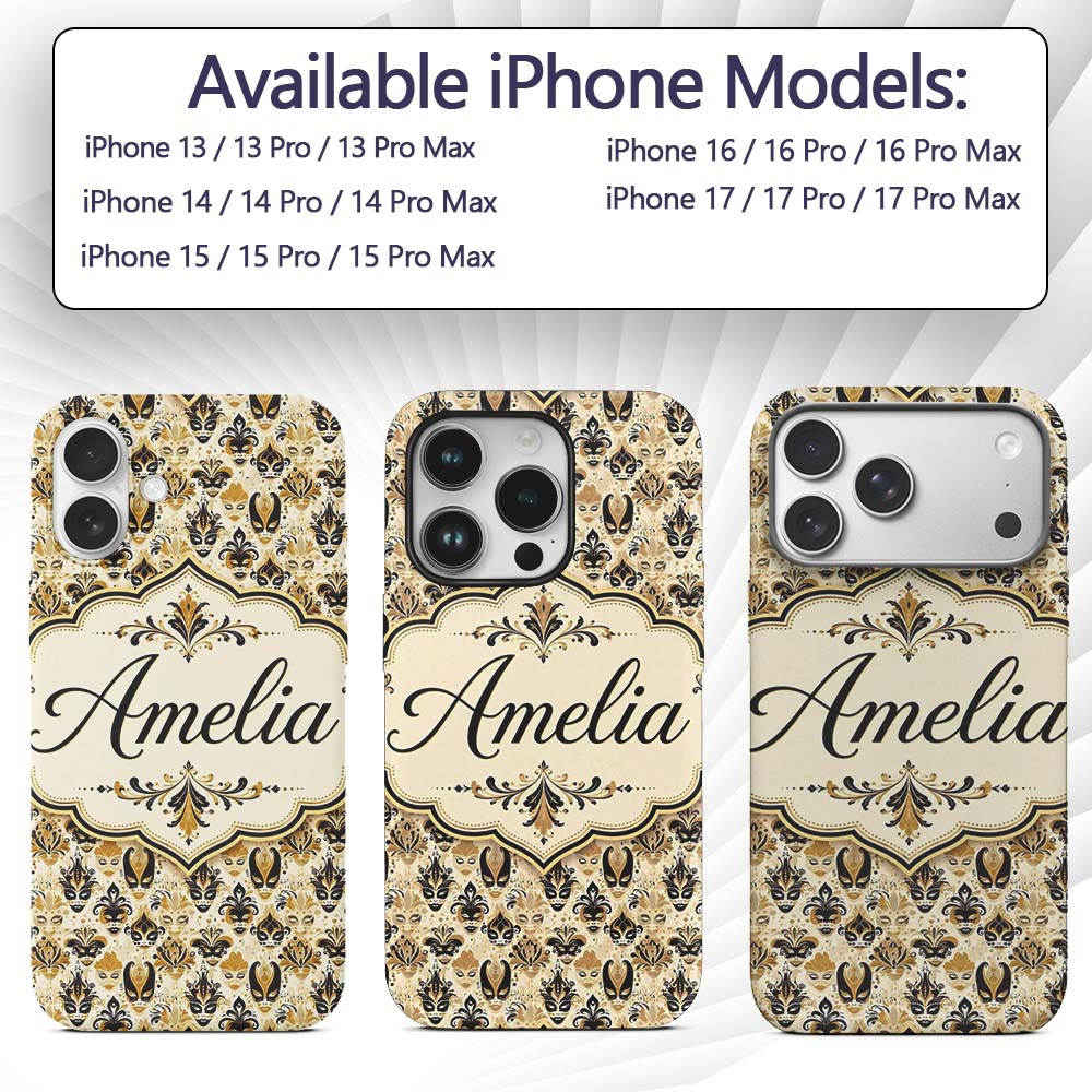 Classic Black and Gold Mask Pattern with Swirling Custom Name Protective Phone Case Mobile Cover Durable Everyday Smartphone Shock Resistant