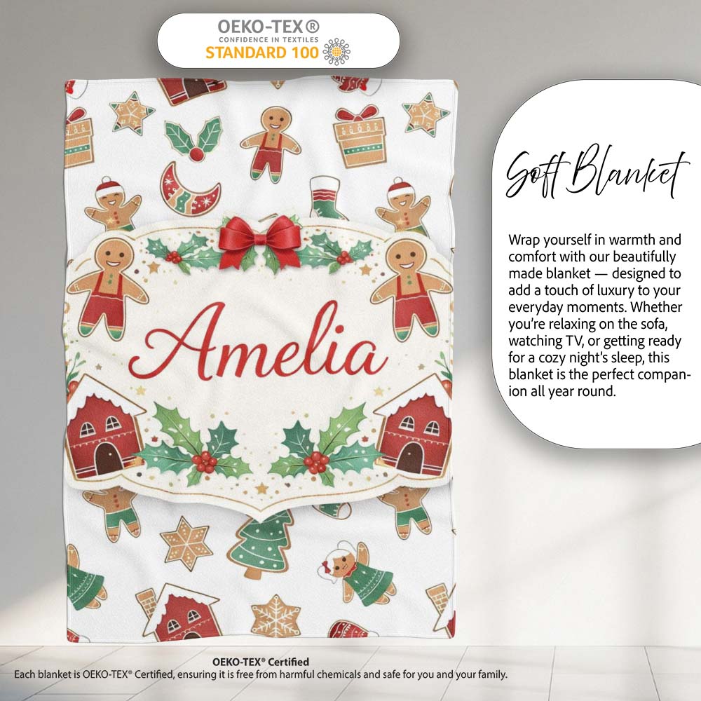 Gingerbread Christmas Cookie Pattern Cute Holiday Seamless Design Personalised Custom Name Super Soft Fleece Blanket Bed Sofa Throw