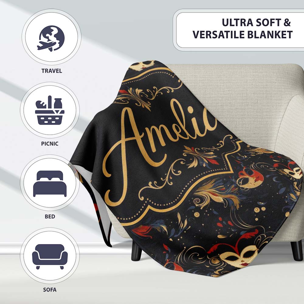Colourful Carnival Masks with Feathers and Floral Accents Seamless Personalised Custom Name Super Soft Fleece Blanket Bed Sofa Throw