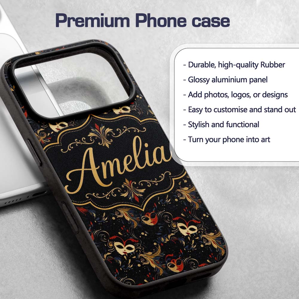Colourful Carnival Masks with Feathers and Floral Custom Name Protective Phone Case Mobile Cover Durable Everyday Smartphone Shock Resistant