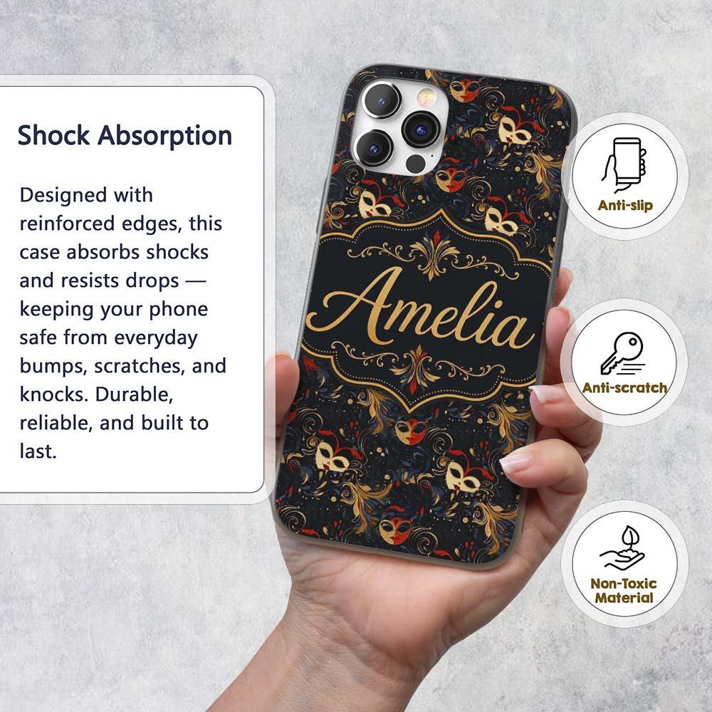 Colourful Carnival Masks with Feathers and Floral Custom Name Protective Phone Case Mobile Cover Durable Everyday Smartphone Shock Resistant