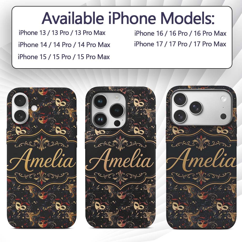 Colourful Carnival Masks with Feathers and Floral Custom Name Protective Phone Case Mobile Cover Durable Everyday Smartphone Shock Resistant