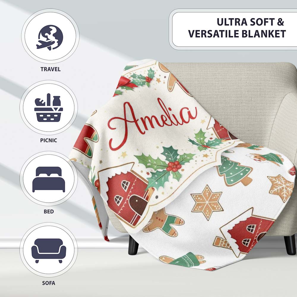 Gingerbread Christmas Cookie Pattern Cute Holiday Seamless Design Personalised Custom Name Super Soft Fleece Blanket Bed Sofa Throw
