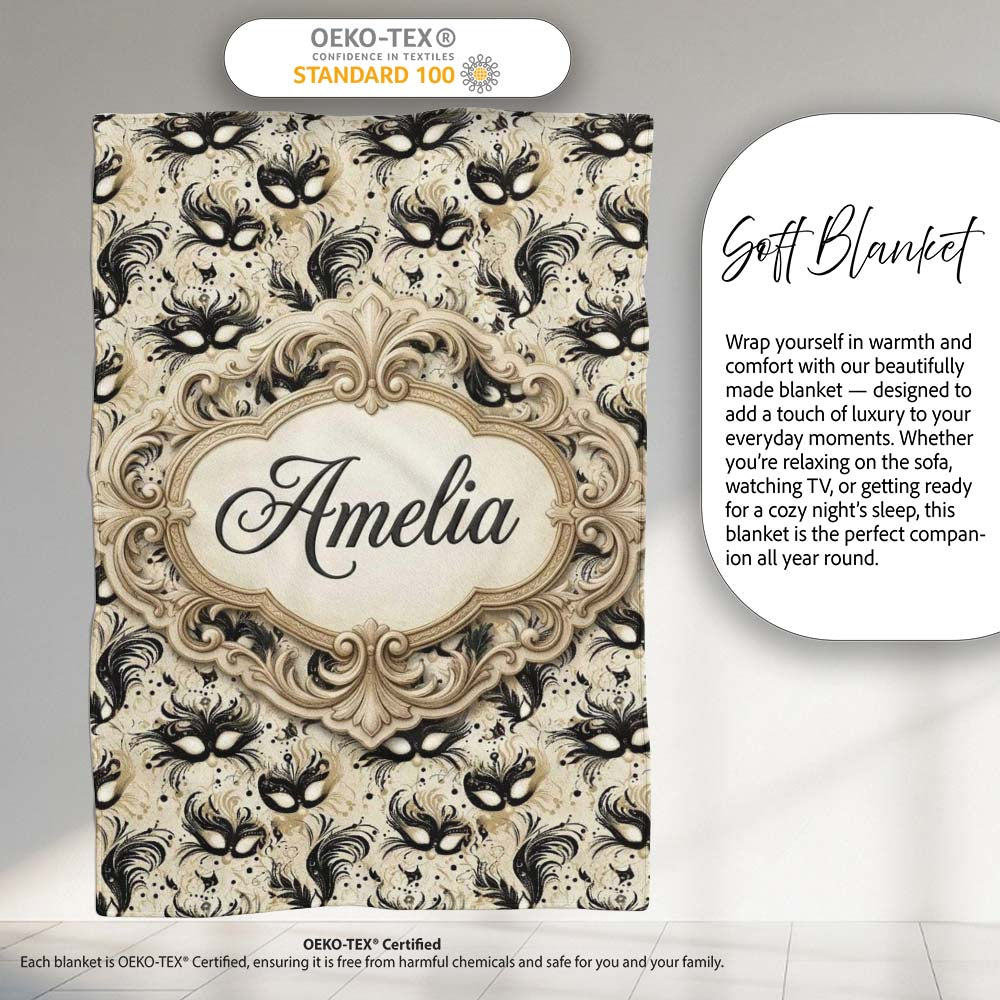 Elegant Feathered Masks with Vintage Script Background Seamless Personalised Custom Name Super Soft Fleece Blanket Bed Sofa Throw