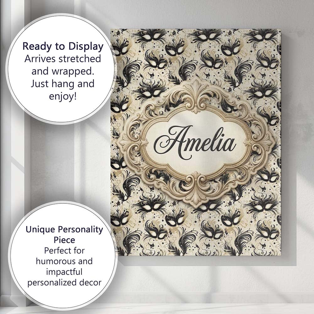 Personalised Name Elegant Feathered Masks Custom Bespoke Decorative Contemporary Canvas Wall Art Print Decor Picture Ready to Hang