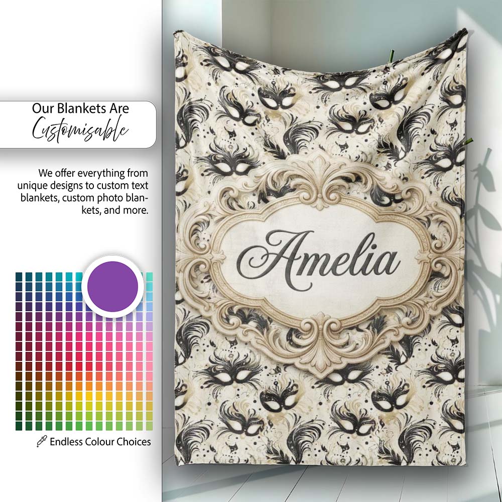 Elegant Feathered Masks with Vintage Script Background Seamless Personalised Custom Name Super Soft Fleece Blanket Bed Sofa Throw
