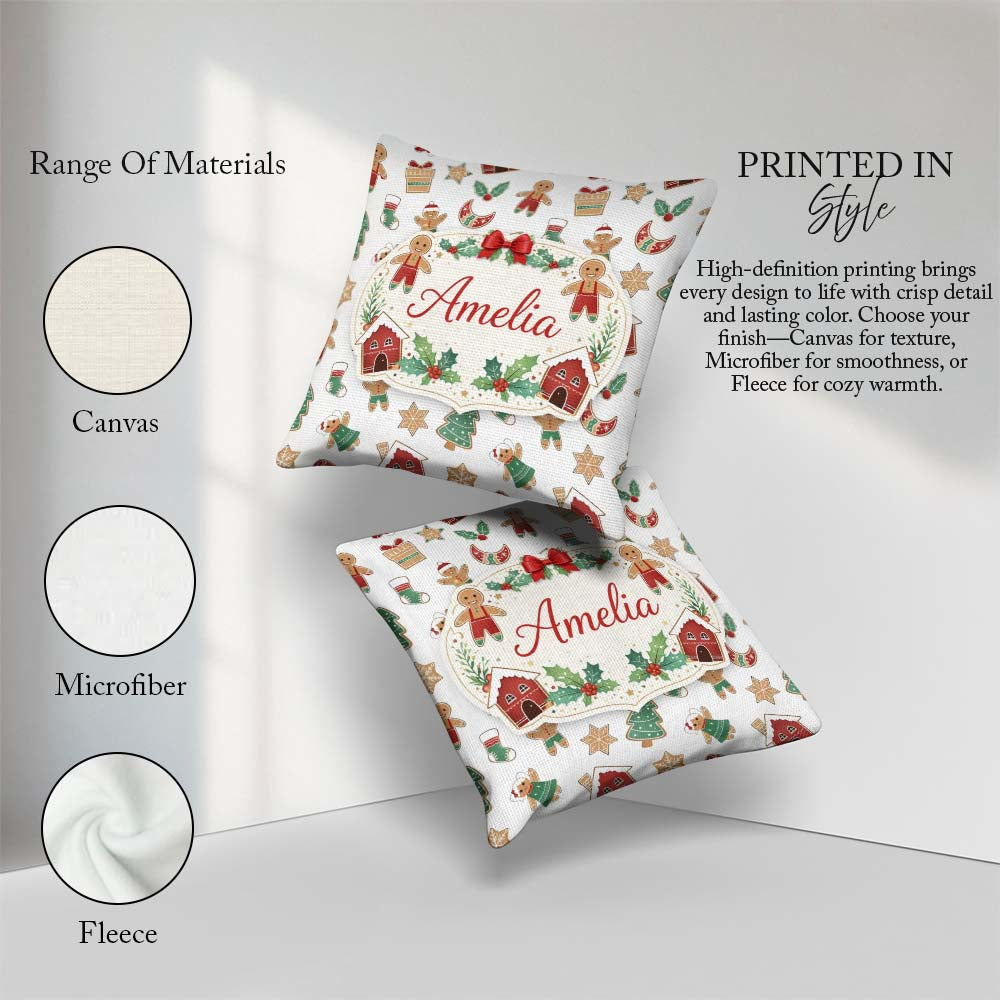Custom Name Gingerbread Christmas Cookie Pattern Seamless Design Square Filled Cushion Throw Pillow Sofa Bed Home Decor Zip Washable UK Made