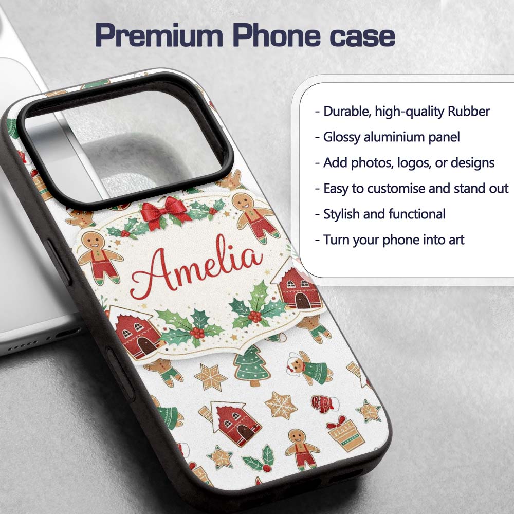 Gingerbread Christmas Cookie Pattern Cute Holiday Custom Name Protective Phone Case Mobile Cover Durable Everyday Smartphone Shock Resistant