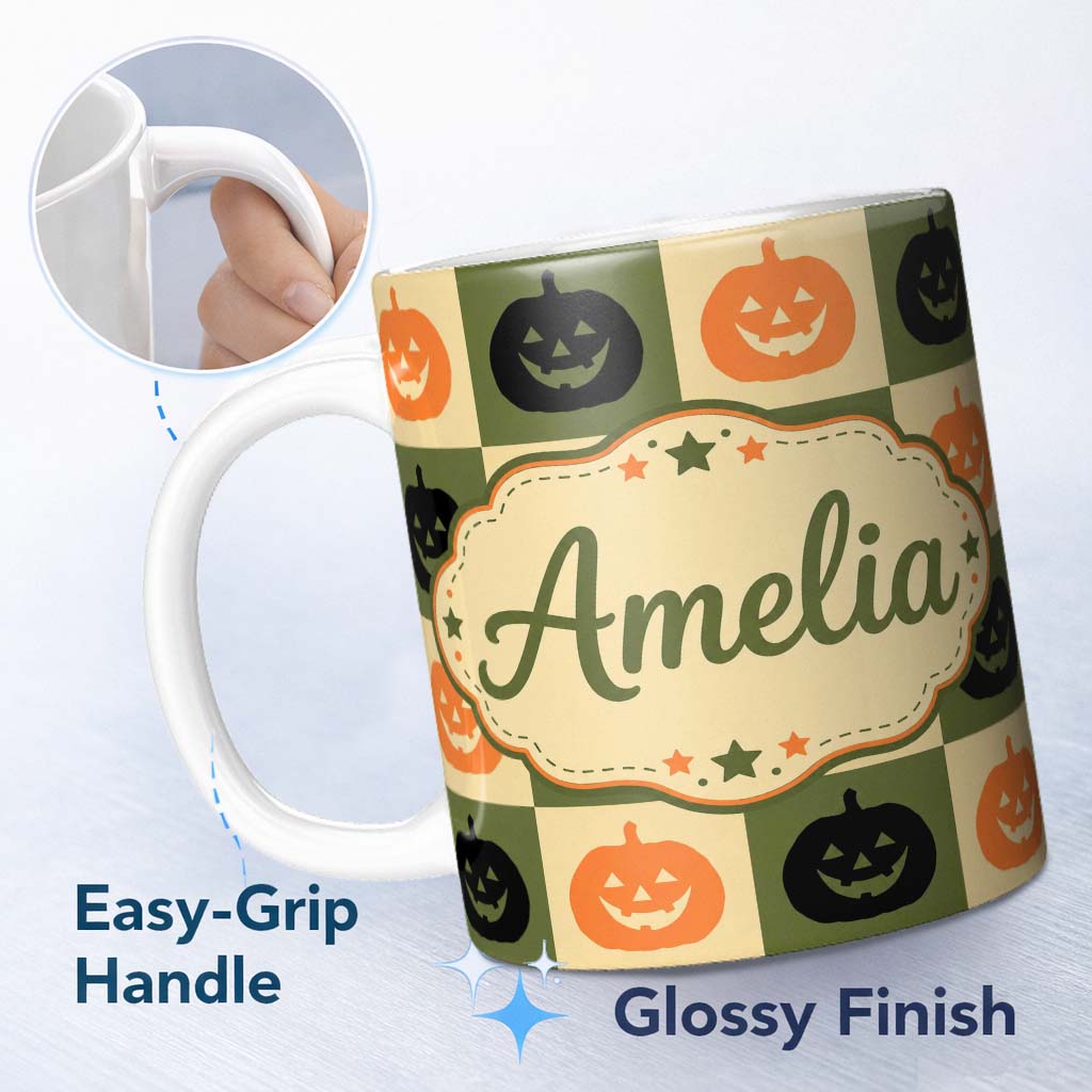 Personalized Custom Name Olive Pumpkin Checkerboard Rustic Autumn Seamless Pattern UK Name 11oz Ceramic Coffee Tea Mug White Large Handle
