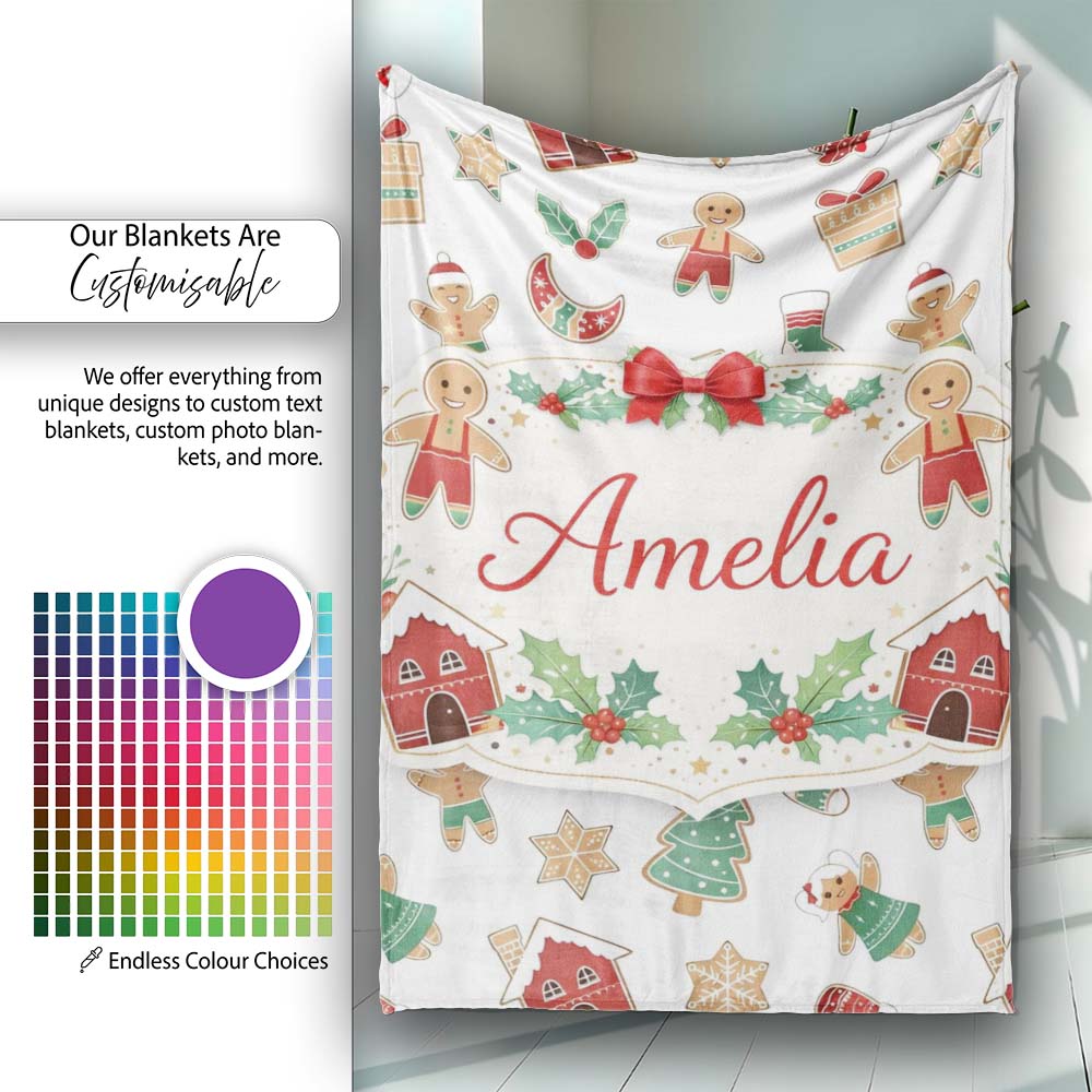 Gingerbread Christmas Cookie Pattern Cute Holiday Seamless Design Personalised Custom Name Super Soft Fleece Blanket Bed Sofa Throw