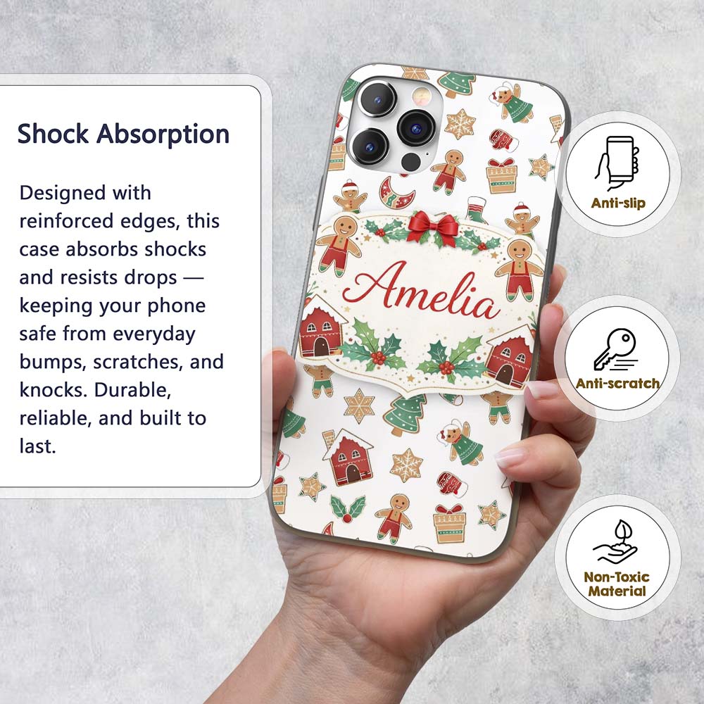 Gingerbread Christmas Cookie Pattern Cute Holiday Custom Name Protective Phone Case Mobile Cover Durable Everyday Smartphone Shock Resistant