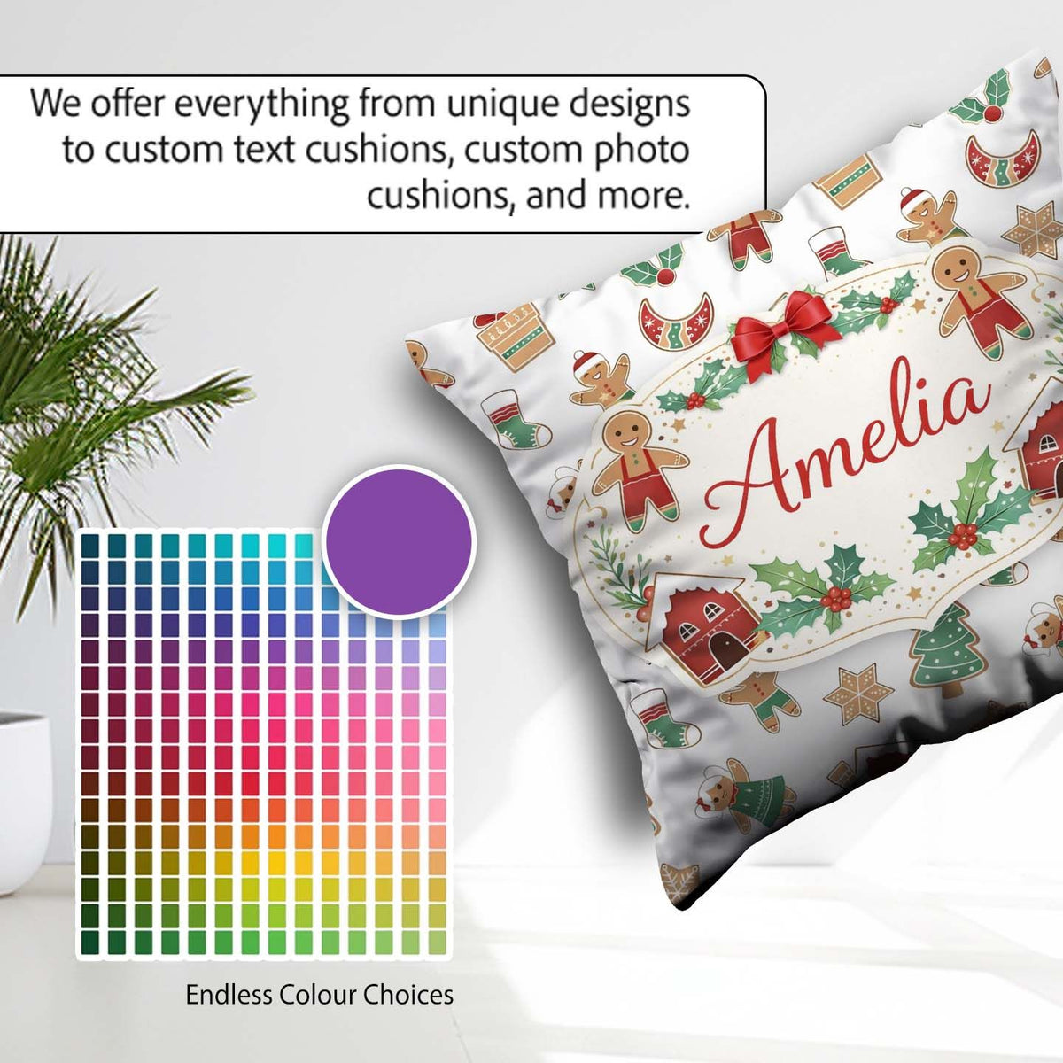 Custom Name Gingerbread Christmas Cookie Pattern Seamless Design Square Filled Cushion Throw Pillow Sofa Bed Home Decor Zip Washable UK Made