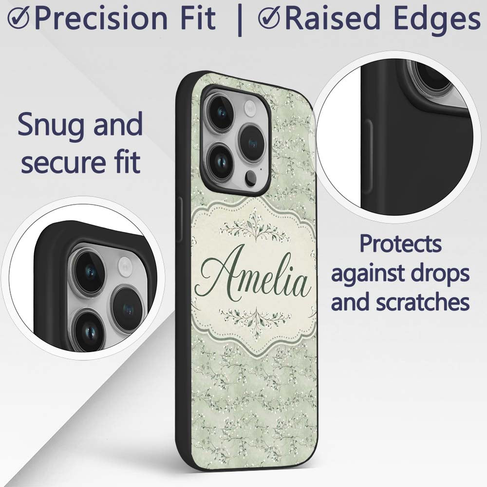 Delicate Green Botanical Branches with White Custom Name Protective Phone Case Mobile Cover Durable Everyday Smartphone Shock Resistant