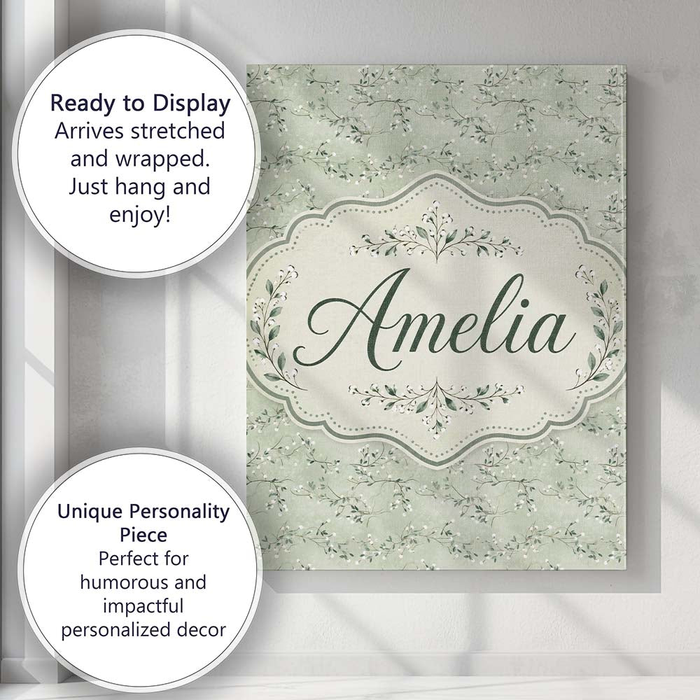 Personalised Name Delicate Green Botanical Custom Unique Gift Idea Elegant Feature Canvas Wall Art Print Decor Picture Ready to Hang