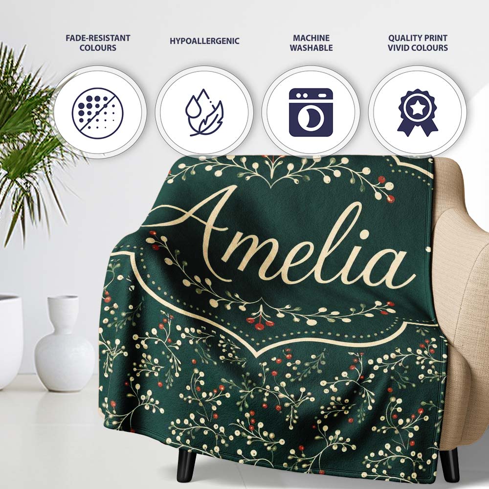 Festive Holly Berry Branches on Deep Green Background Seamless Personalised Custom Name Super Soft Fleece Blanket Bed Sofa Throw
