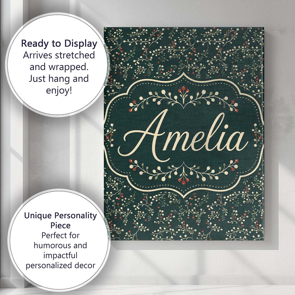 Personalised Name Festive Holly Berry Custom Modern Room Accent Creative Decorator Style Canvas Wall Art Print Decor Picture Ready to Hang