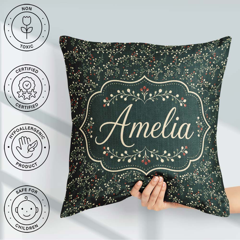 Custom Name Festive Holly Berry Branches on Deep Green Seamless Square Filled Cushion Throw Pillow Sofa Bed Home Decor Zip Washable UK Made