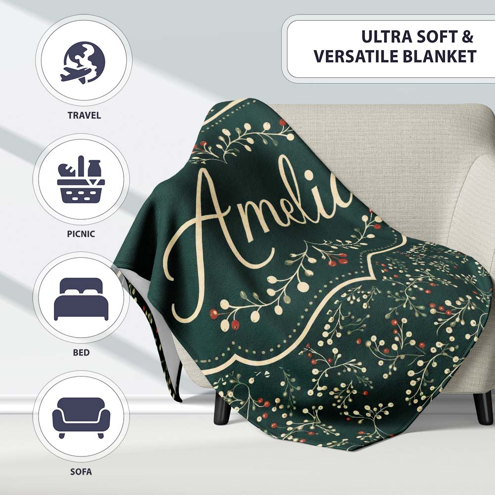 Festive Holly Berry Branches on Deep Green Background Seamless Personalised Custom Name Super Soft Fleece Blanket Bed Sofa Throw