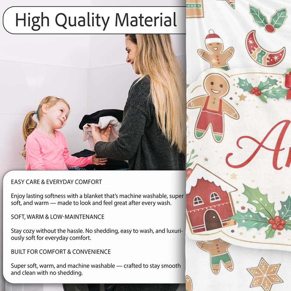 Gingerbread Christmas Cookie Pattern Cute Holiday Seamless Design Personalised Custom Name Super Soft Fleece Blanket Bed Sofa Throw