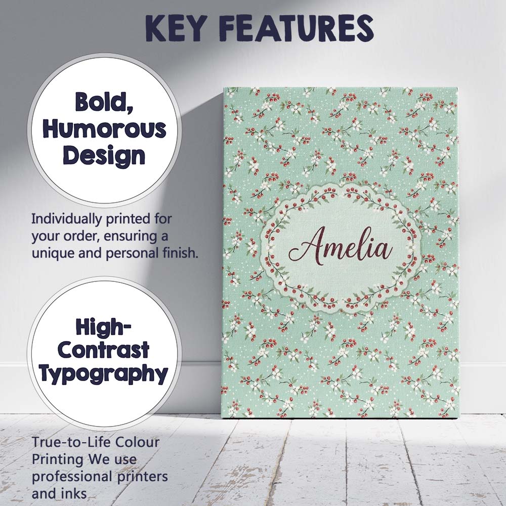 Personalised Name Light Blue Floral and Custom Modern Room Accent Elegant Feature Canvas Wall Art Print Decor Picture Ready to Hang