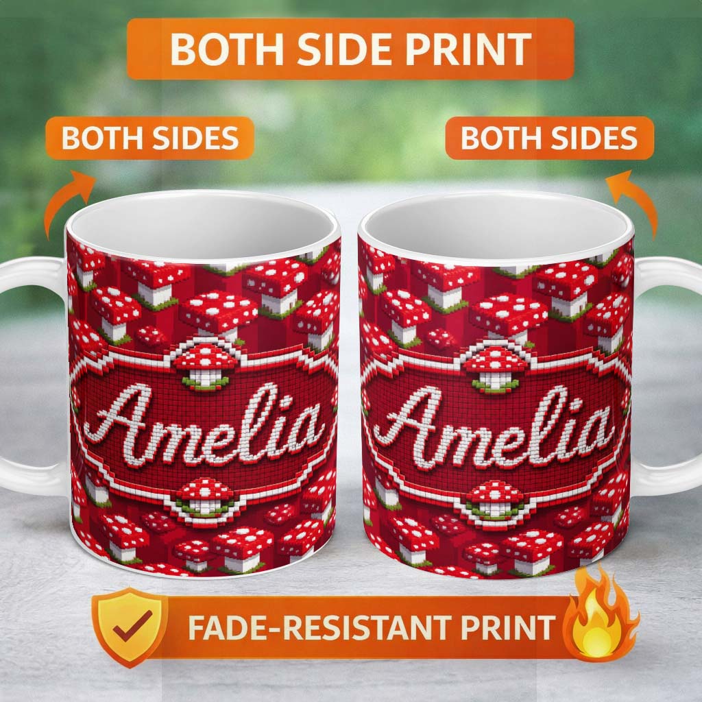 Personalized Custom Name Red White Mushroom Pixel Art Seamless Pattern Cute Unique Gift 11oz Ceramic Coffee Tea Mug White Large Handle