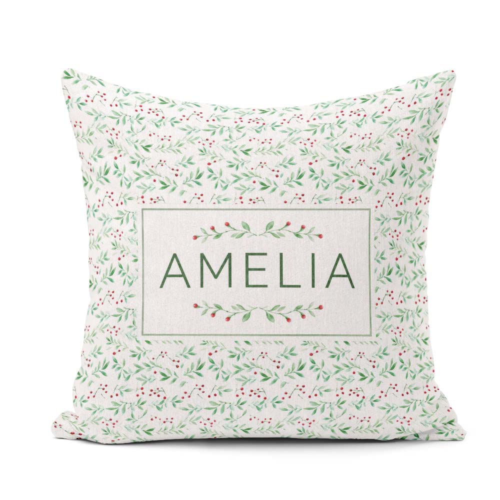 Custom Name Watercolor Green Leaves and Berry Seamless Botanical Square Filled Cushion Throw Pillow Sofa Bed Home Decor Zip Washable UK Made
