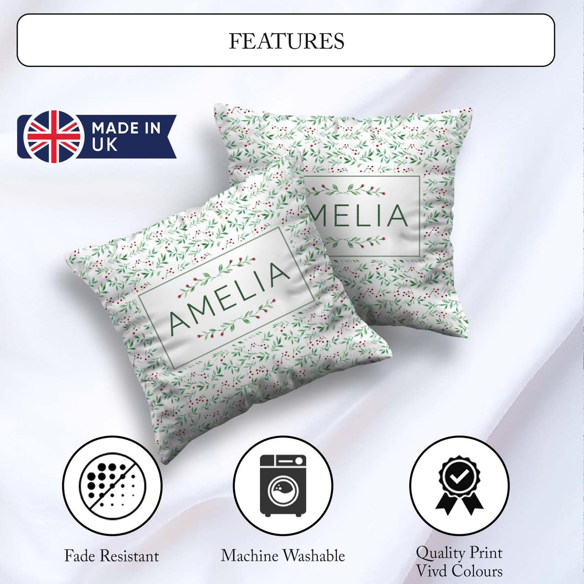 Custom Name Watercolor Green Leaves and Berry Seamless Botanical Square Filled Cushion Throw Pillow Sofa Bed Home Decor Zip Washable UK Made