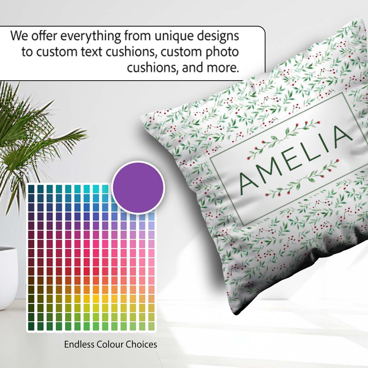Custom Name Watercolor Green Leaves and Berry Seamless Botanical Square Filled Cushion Throw Pillow Sofa Bed Home Decor Zip Washable UK Made