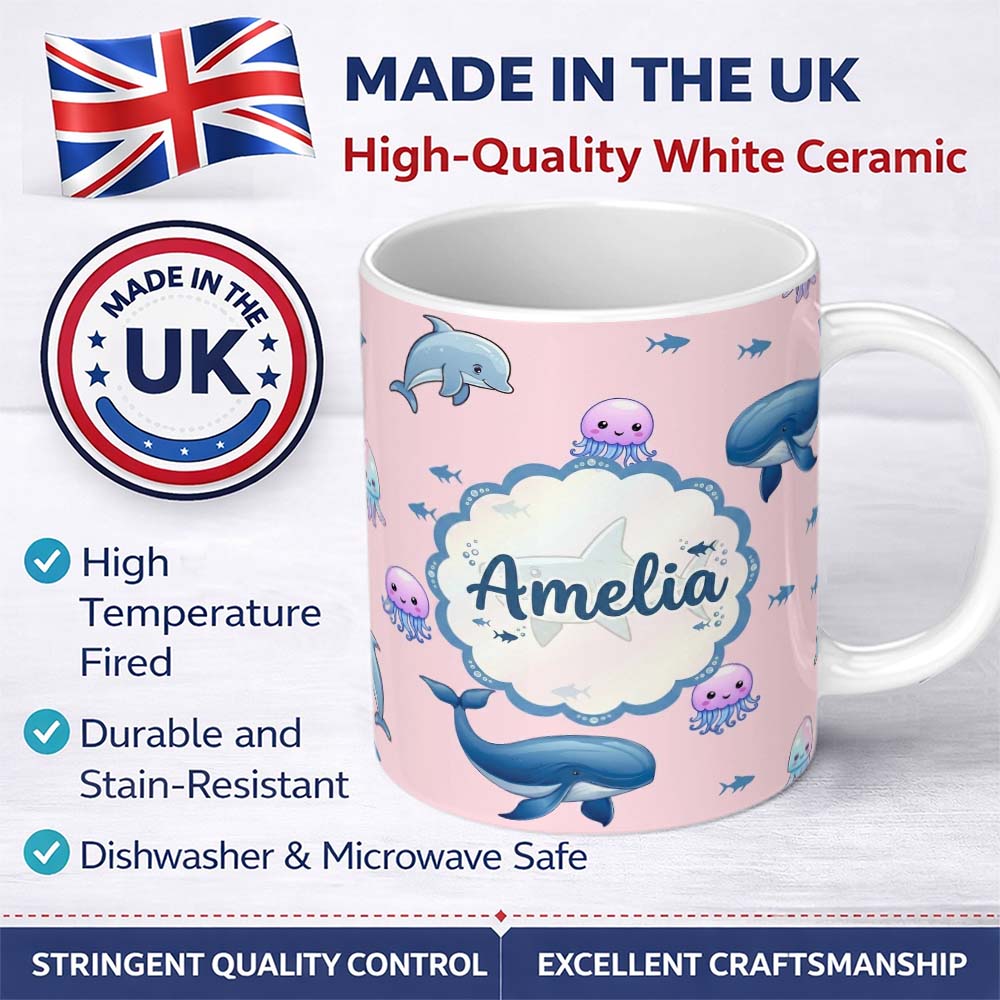Personalized Custom Name Cute Dolphin Shark and Jellyfish Ocean Animals Soft Pink Background 11oz Ceramic Coffee Tea Mug White Large Handle