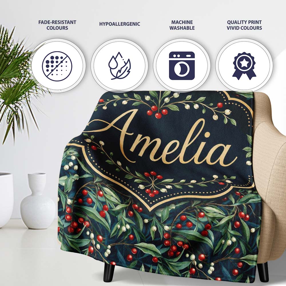 Vintage Dark Botanical Holly Leaves and Red Berries Dense Seamless Personalised Custom Name Super Soft Fleece Blanket Bed Sofa Throw