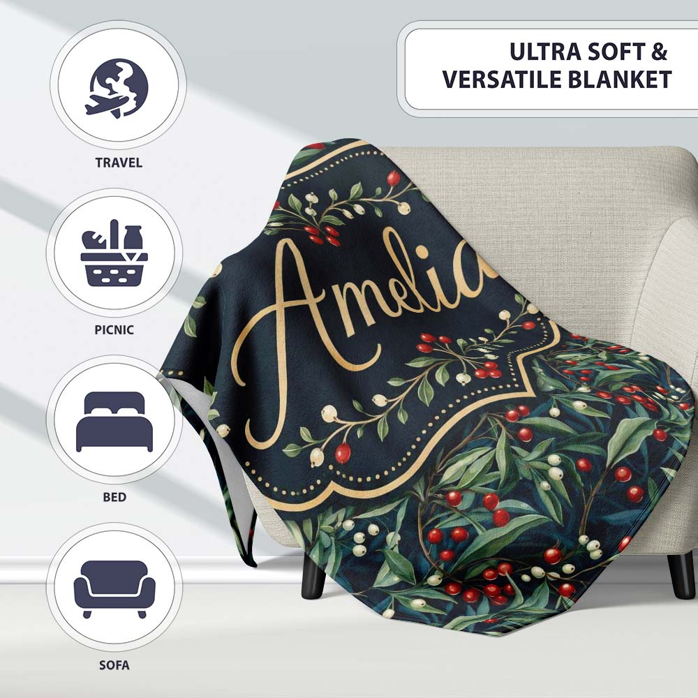 Vintage Dark Botanical Holly Leaves and Red Berries Dense Seamless Personalised Custom Name Super Soft Fleece Blanket Bed Sofa Throw