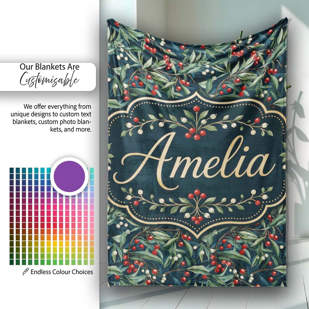 Vintage Dark Botanical Holly Leaves and Red Berries Dense Seamless Personalised Custom Name Super Soft Fleece Blanket Bed Sofa Throw
