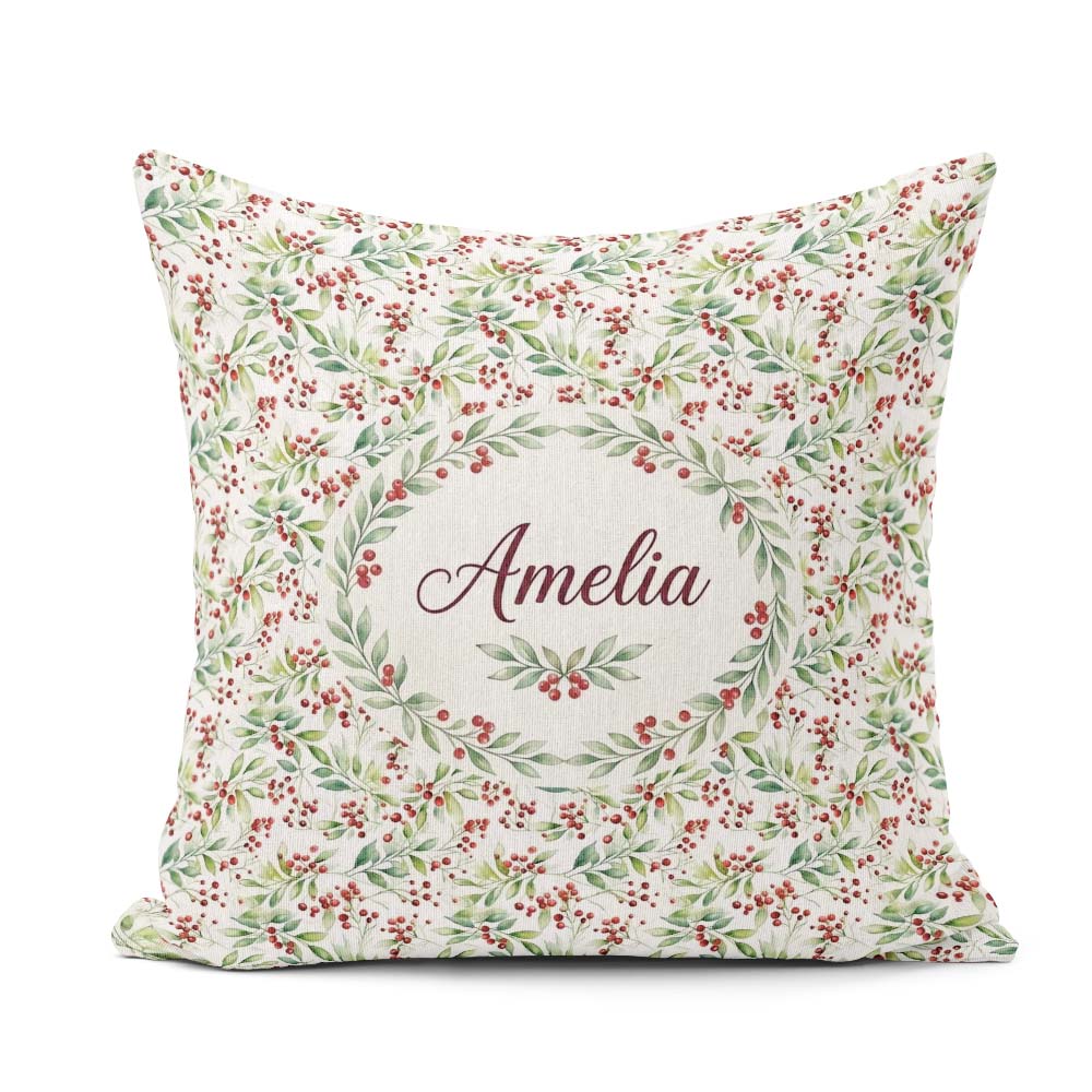 Custom Name Soft Watercolor Foliage and Red Berry Sprigs Pattern Square Filled Cushion Throw Pillow Sofa Bed Home Decor Zip Washable UK Made