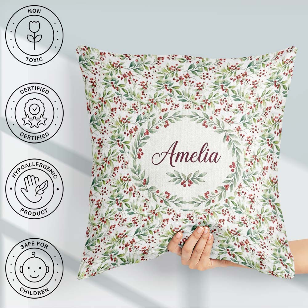 Custom Name Soft Watercolor Foliage and Red Berry Sprigs Pattern Square Filled Cushion Throw Pillow Sofa Bed Home Decor Zip Washable UK Made
