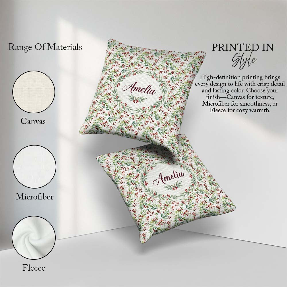 Custom Name Soft Watercolor Foliage and Red Berry Sprigs Pattern Square Filled Cushion Throw Pillow Sofa Bed Home Decor Zip Washable UK Made