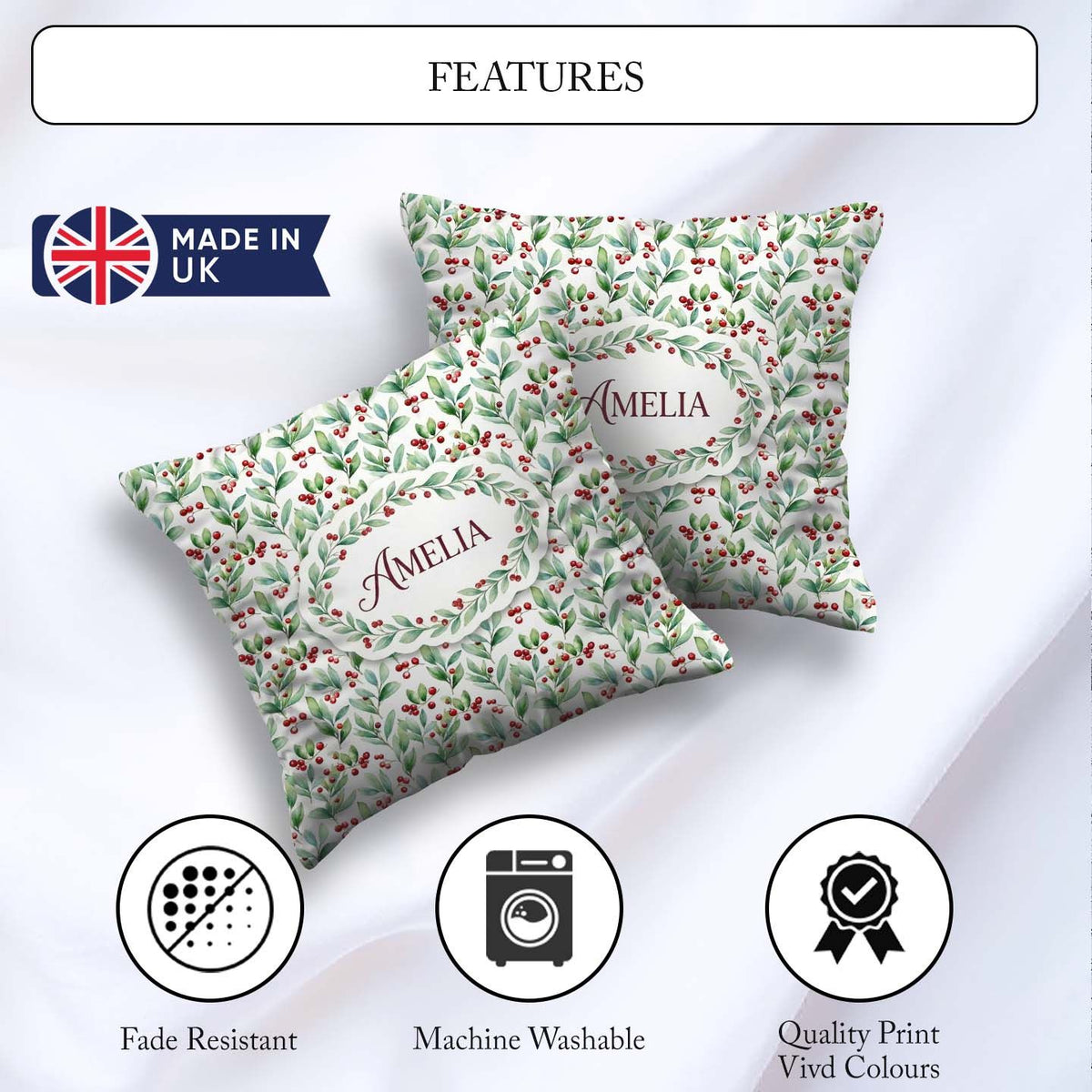 Custom Name Light Botanical Leaves and Berry Clusters Watercolor Square Filled Cushion Throw Pillow Sofa Bed Home Decor Zip Washable UK Made