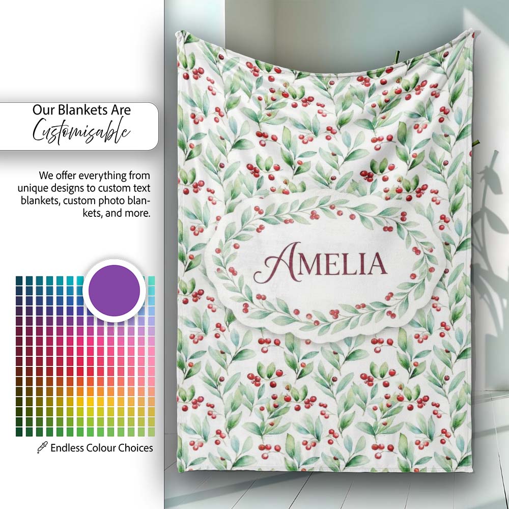 Light Botanical Leaves and Red Berry Clusters Seamless Watercolor Personalised Custom Name Super Soft Fleece Blanket Bed Sofa Throw