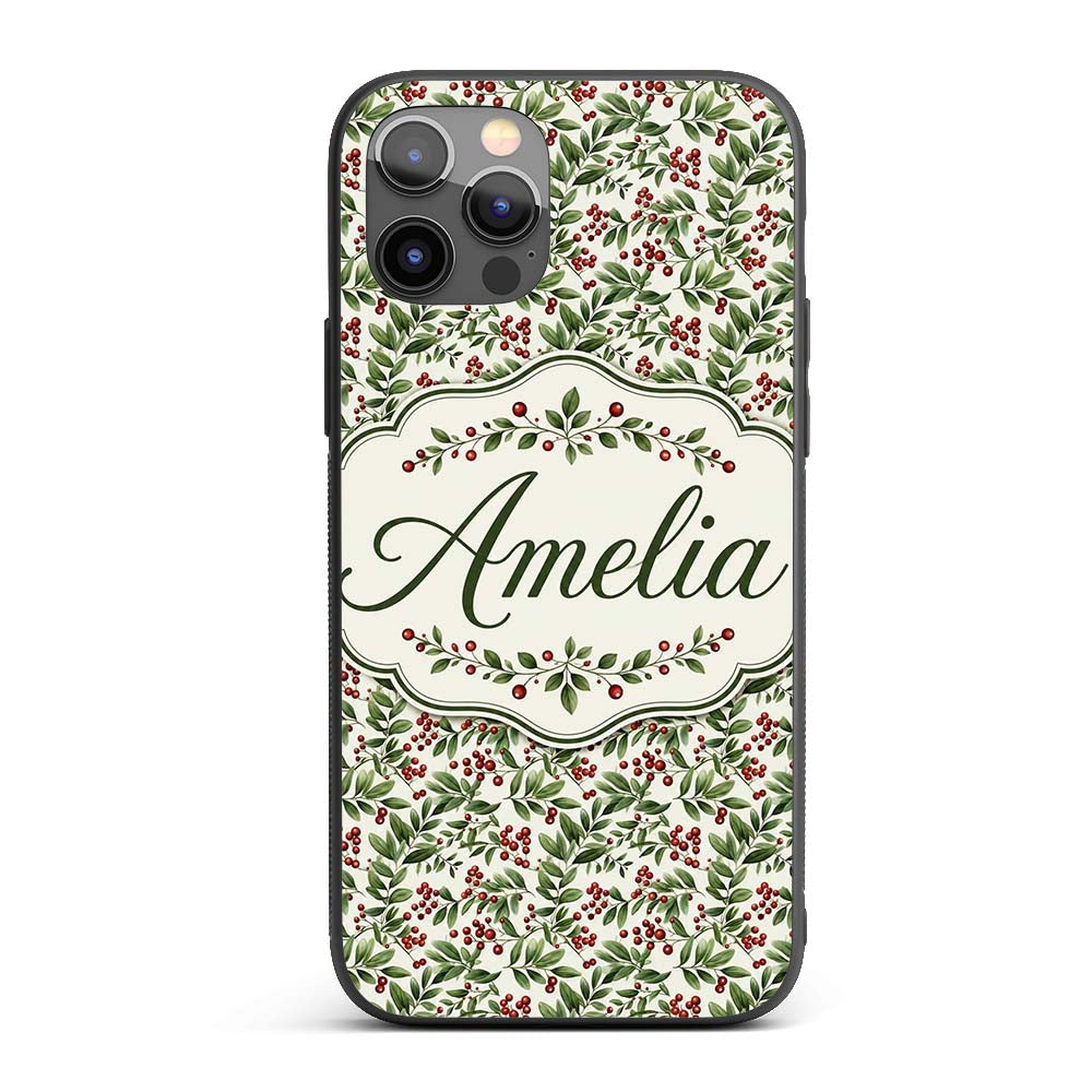 Delicate Green Leaves and Red Berries Minimal Custom Name Protective Phone Case Mobile Cover Durable Everyday Smartphone Shock Resistant