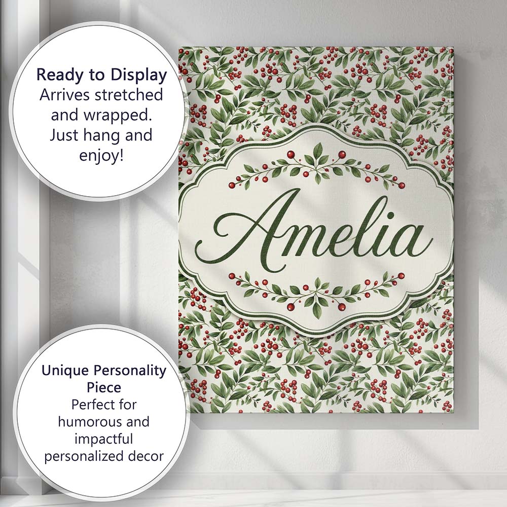 Personalised Name Delicate Green Leaves and Custom Bespoke Interior Contemporary Canvas Wall Art Print Decor Picture Ready to Hang