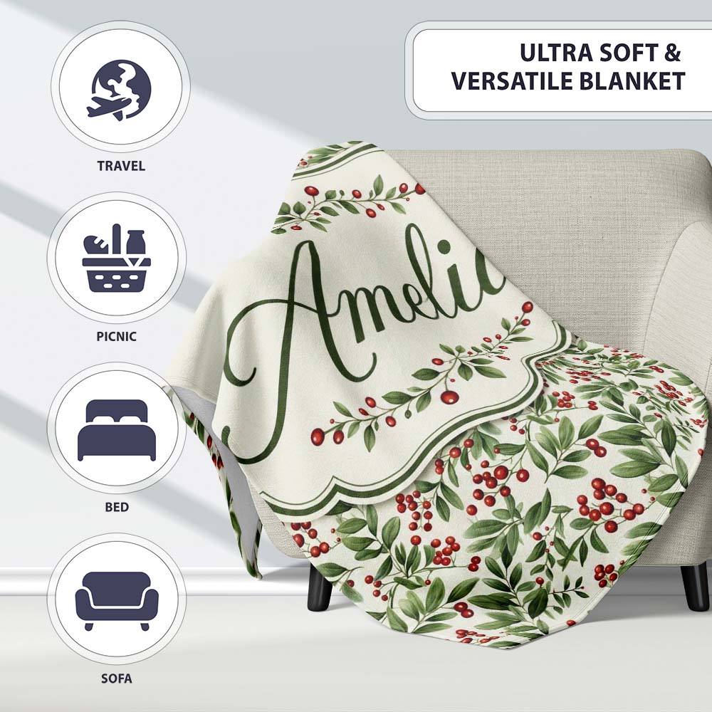 Delicate Green Leaves and Red Berries Minimal Botanical Seamless Personalised Custom Name Super Soft Fleece Blanket Bed Sofa Throw
